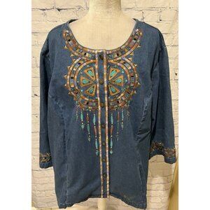 Bob Mackie Wearable Art Blue Embroidered Dream Catcher Button Up Jacket Plus  3X
